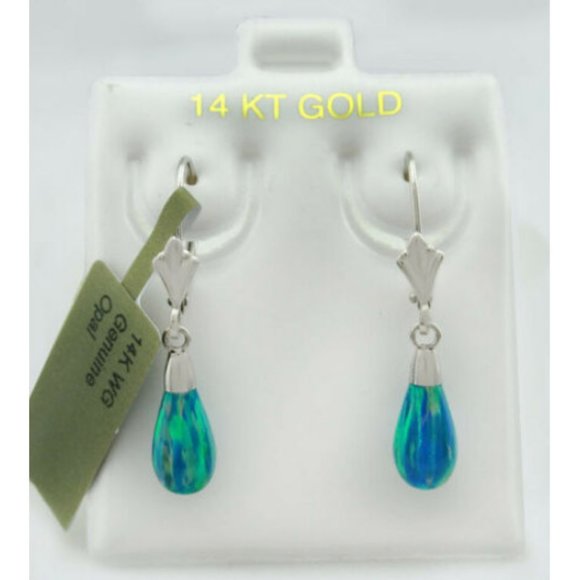 Genuine Green Opal Dangling Earrings 14k White Gold